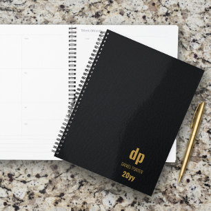 Agenda Couro Moderno Preto e Dourado Monogramado