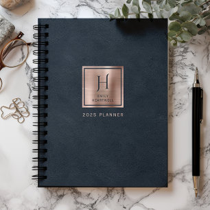 Agenda Couro Sintético Azul Marinho Rosa Dourado Monogram