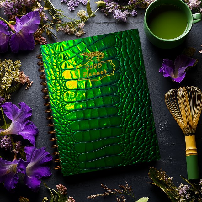 Agenda Crocodilo Verde Iridescente Radiante Quic (Ultra Stylish Iridescent Green Faux Crocodile Planner )