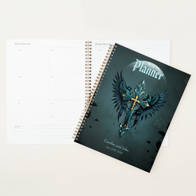 Agenda Cruz gótica com elementos decorativos e aves. (Exibição)