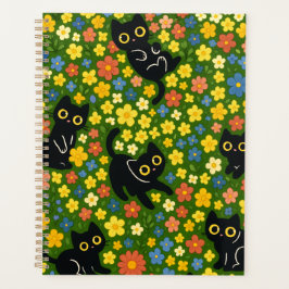 Agenda Cute Black Cats Floral Meadow Pattern