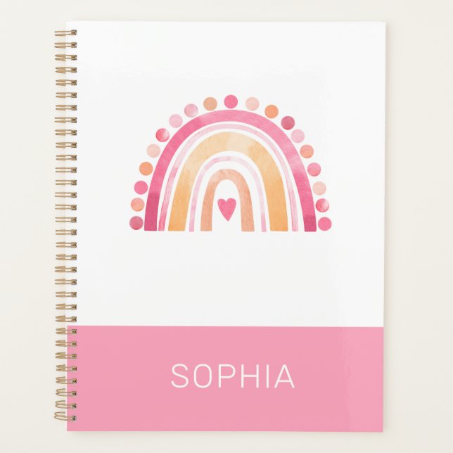 Agenda Cute Boho Watercolor Arco-íris a Rosa, personaliza (Frente)