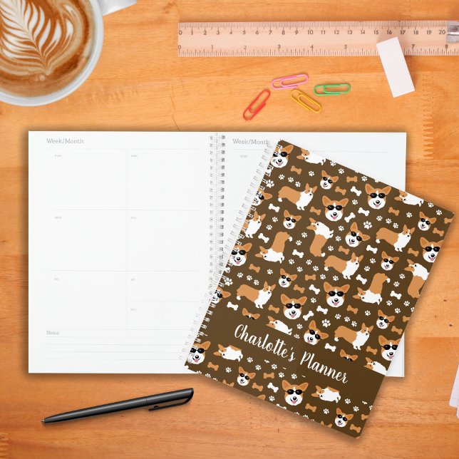 Agenda Cute Corgis Welsh Corgi Cães Engraçados Padrão Eng (Corgis Pattern in Brown Weekly Monthly Personalized Planner)
