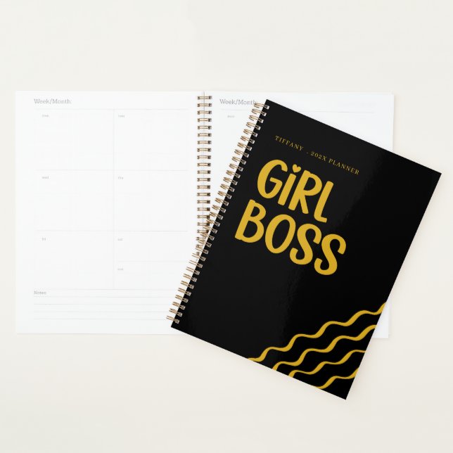 Agenda Cute Girl Boss Black and Gold Monogram Year (Exibição)