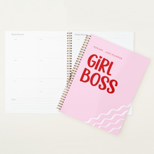 Agenda Cute Girl Boss Pink and Red Custom Name Year (Exibição)