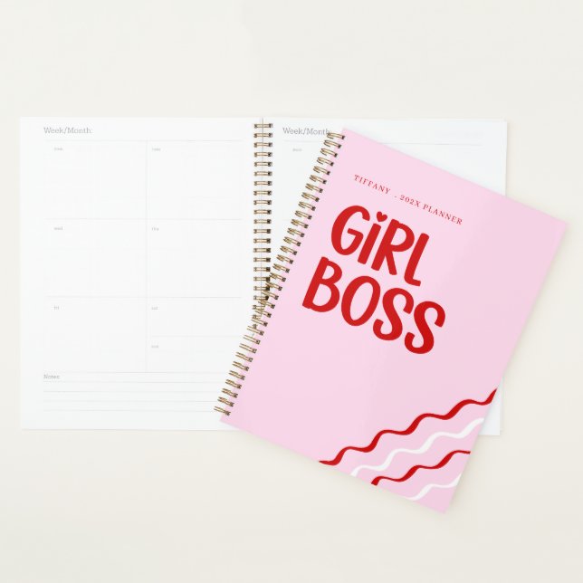 Agenda Cute Girl Boss Pink and Red Custom Name Year (Exibição)