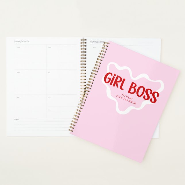 Agenda Cute Girl Boss Pink and Red Custom Name Year (Exibição)
