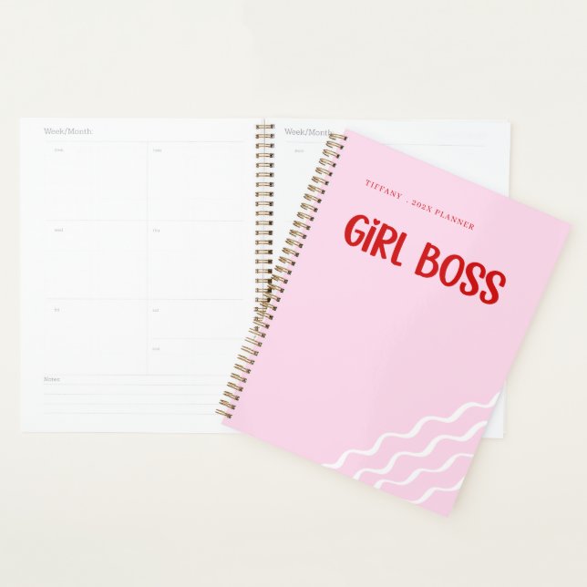 Agenda Cute Girl Boss Pink and Red Custom Name Year (Exibição)