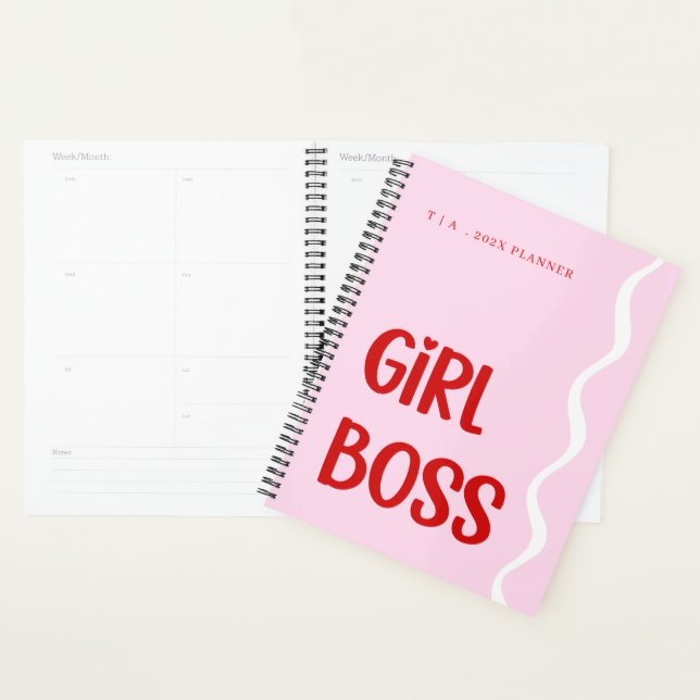 Agenda Cute Girl Boss Pink and Red Monogram Year (Exibição)