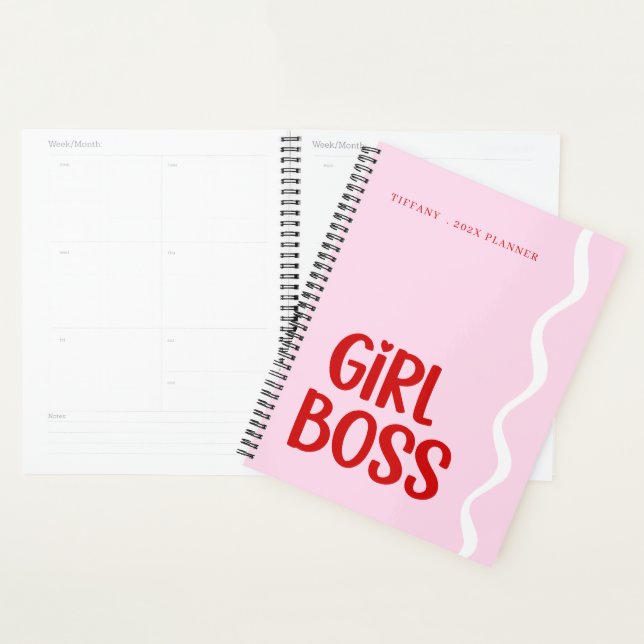 Agenda Cute Girl Boss Pink and Red Monogram Year (Exibição)