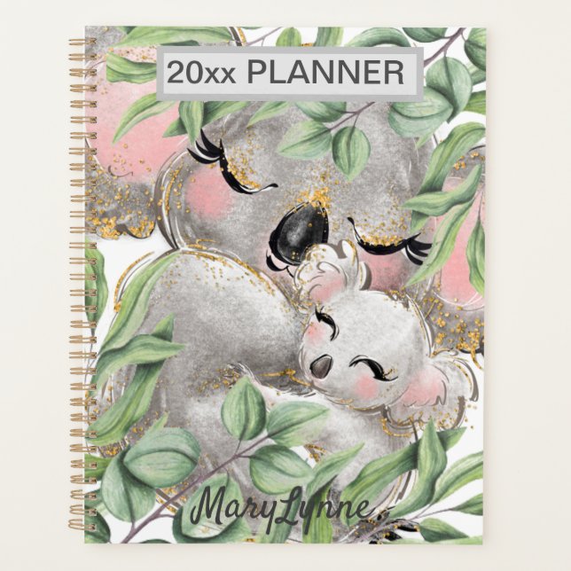 Agenda Cute Koala Bears Semanalmente Mensal Seu Nome Plan (Frente)