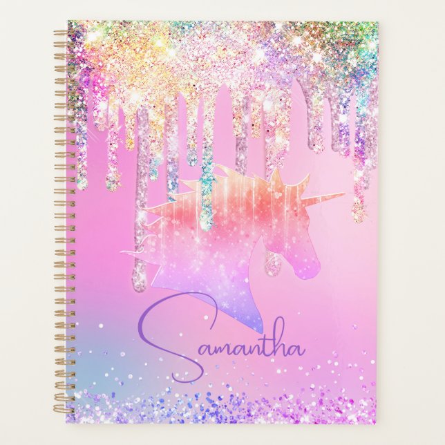 Agenda Cute Rainbow unicórnio rosa Brilhante Monograma (Frente)