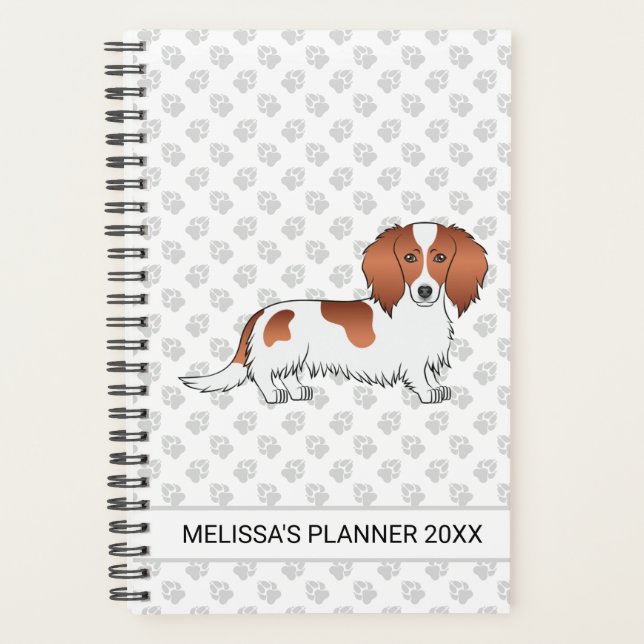 Agenda Dachshund Cartoon Cão de Pelo Longo Manchado Verme (Frente)