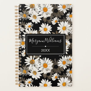 Agenda Damas Brancas sobre Padrão Floral Preto Monograma