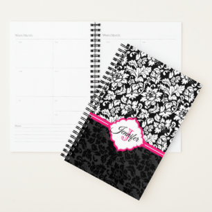 Agenda Damasco Floral Branco e Preto Moderno