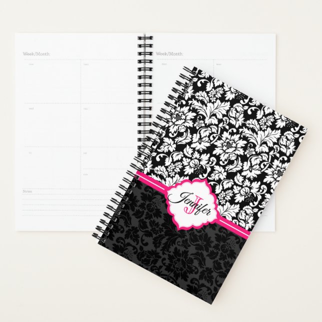 Agenda Damasco Floral Branco e Preto Moderno (Exibição)