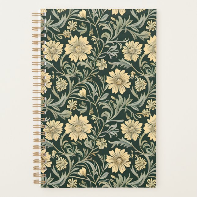 Agenda Dark green stylized yellow flowers  pattern  (Frente)