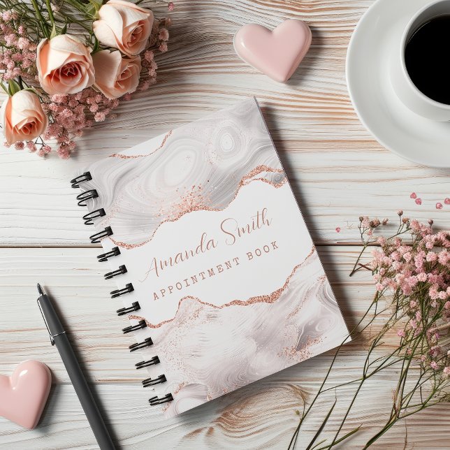 Agenda de Compromissos em Branco com Brilho de Ága (White I Rose Gold Glitter Agate Appointment Book Planner)