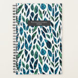 Agenda Deixa o padrão botânico azul e verde<br><div class="desc">A aquarela inspirou o padrão das folhas azul e verde. Personalize o retângulo de cinza de dentro de nome na frente.</div>
