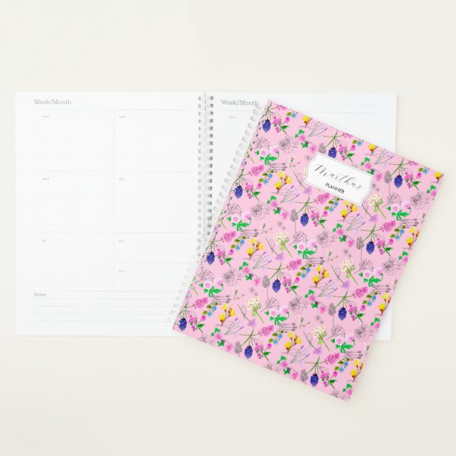 Agenda Delicar flores silvestres de aquarela a rosa (Exibição)