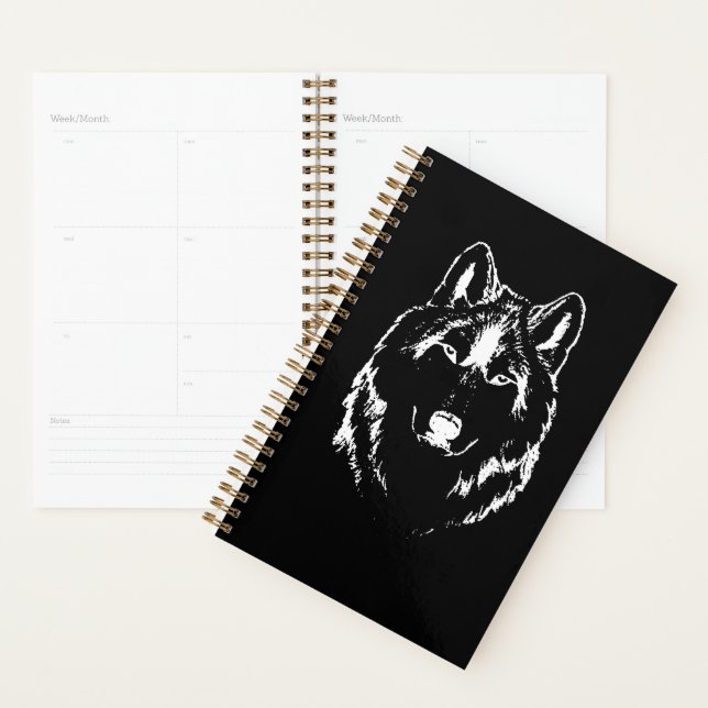Agenda Desenho Da Cabeça Do Lobo Negro E Branco Engraçado (Exibição)