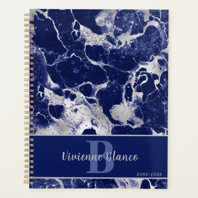 Agenda Desenho de Arte marinho Azul Silver Marble Glitter (Frente)
