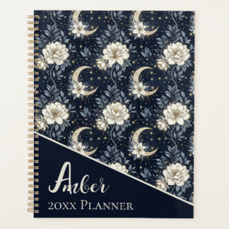 Agenda Desenho Floral Celestial de Meia-Noite & Lua Cresc