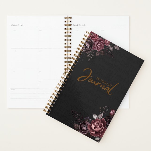 Agenda Desenho Floral de Rosa Preta Romântica e Sofistica (Exibição)