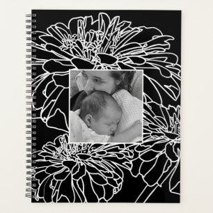 Agenda Desenho floral preto-branco, minimalista e elegant