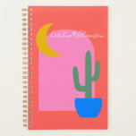 Agenda Deserte Colorido Personalizado - Brilho do Cactus<br><div class="desc">Este vibrante notebook personalizado apresenta um design lúdico inspirado no deserto, com um cacto ousado, uma lua crescente e formas bloqueadas por cores em tons alegres. O formato de ligação espiral torna-o perfeito para combinar pensamentos, notas de classe ou ideias criativas. Adicione o seu nome a uma peça de papelaria...</div>