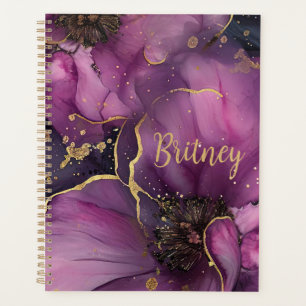 Agenda design de flor de cor-de-rosa elegante e dourada