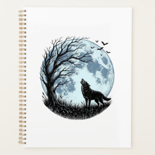 Agenda Design de silhueta de árvore de lua uivando lobo v