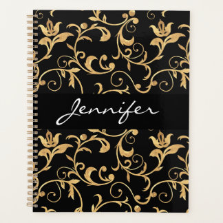 Agenda Designer Real Preto e Dourado Damasco Personalizad