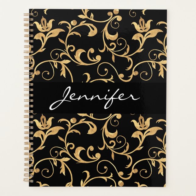 Agenda Designer Real Preto e Dourado Damasco Personalizad (Frente)