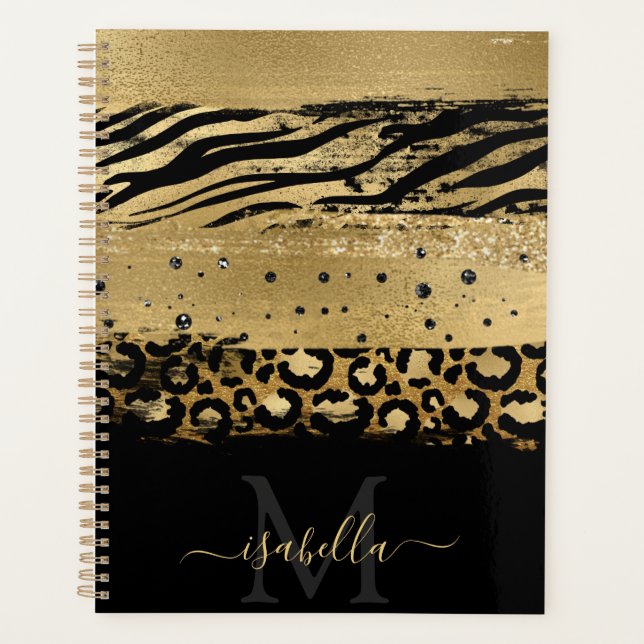 Agenda Diversão Feminina Moderno Glitter Dourado Monogram (Frente)