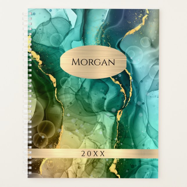 Agenda DIY Name & Date, Teal & Dourado Ink Abstrato, Vs 2 (Frente)