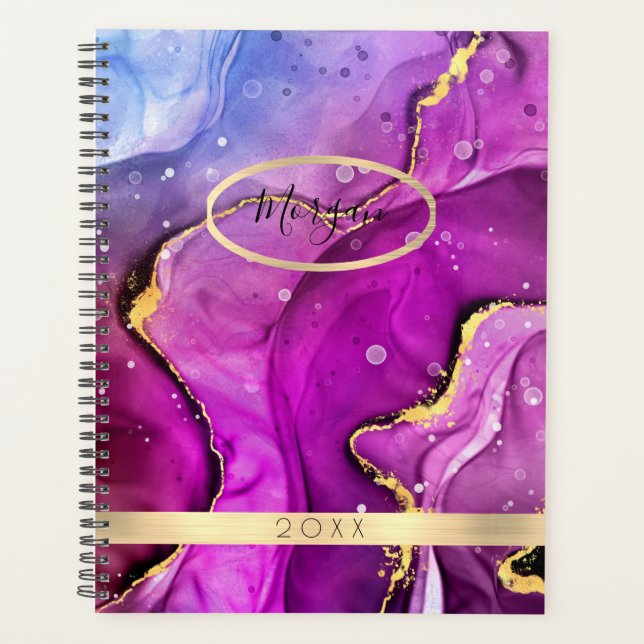 Agenda DIY Name & Year, Red Violet & Dourado Ink Abstrato (Frente)