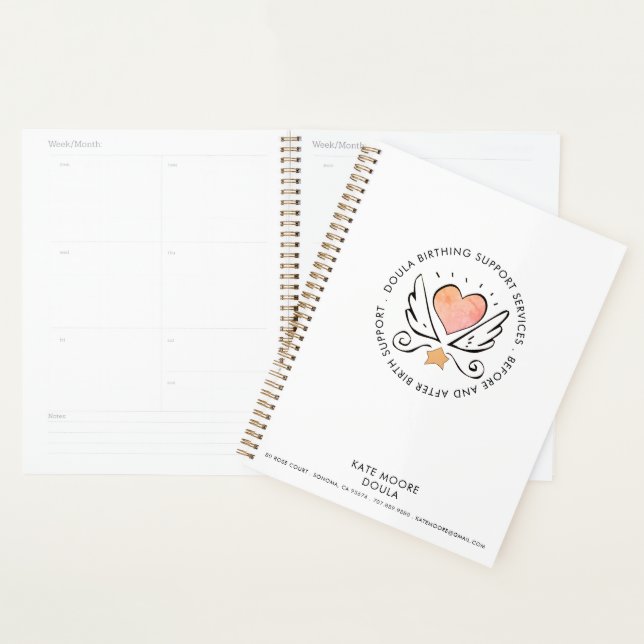 Agenda Doula Midwomen Whimsical Pink Heart & Wings White (Exibição)