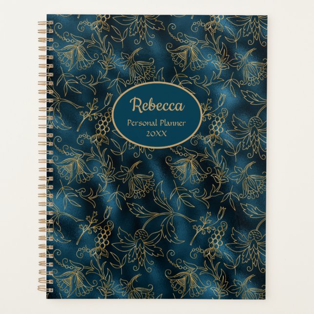 Agenda Dourada Floral Azul Moderna Personalizar (Frente)