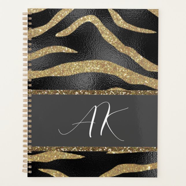 Agenda Dourada Glitter Tigre no Couro Negro (Frente)