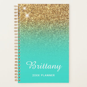 Agenda Dourado brilho turquesa personalizado