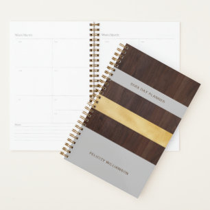 Agenda Dourado de Woodgrain & Cinza Stripe Moderno