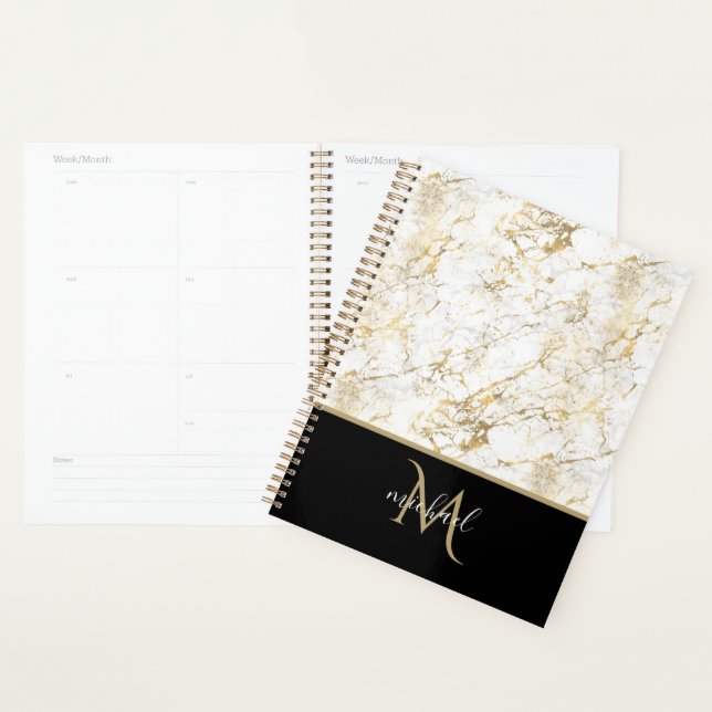 Agenda Dourado e branco mármore com luxo de monograma pre (Exibição)