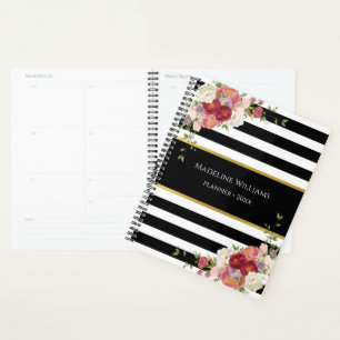 Agenda Dourado Floral Preto-Branco Estimulado Planejado