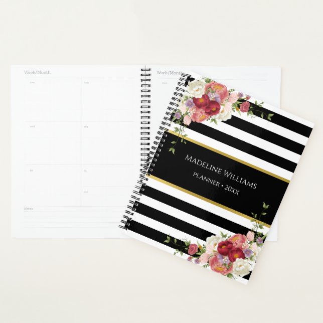Agenda Dourado Floral Preto-Branco Estimulado | Planejado (Exibição)