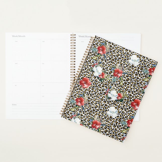 Agenda Dourado Leopardo Impresso Vermelho Floral Branco (Exibição)