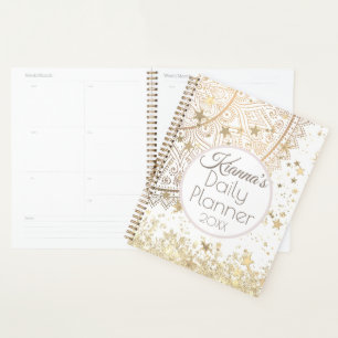 Agenda Dourado Lotus Mandala com Dourada Stars Daily Plan