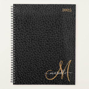 Agenda Dourado Monograma Faux Black Leather Semanal Mensa