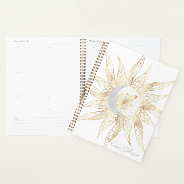 Agenda Dourado Sol Branco Moderno Planeta Lua Universo Ma (Exibição)