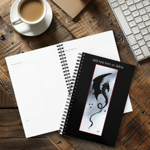 Agenda Dragão Tribal Preto Ousado com Flores Vermelhas e 